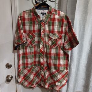 AKOO ~ Beige Green Red Plaid Short Sleeve Button-Up Shirt